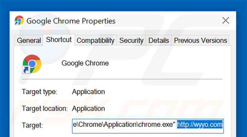 Removing wyyo.com from Google Chrome shortcut target step 2