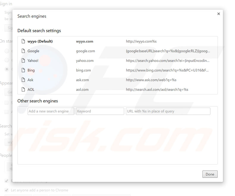 Removing wyyo.com from Google Chrome default search engine