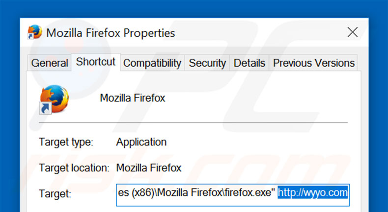 Removing wyyo.com from Mozilla Firefox shortcut target step 2