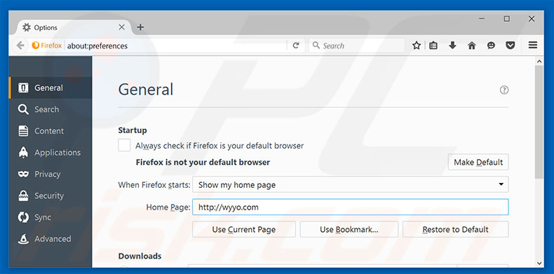 Removing wyyo.com from Mozilla Firefox homepage