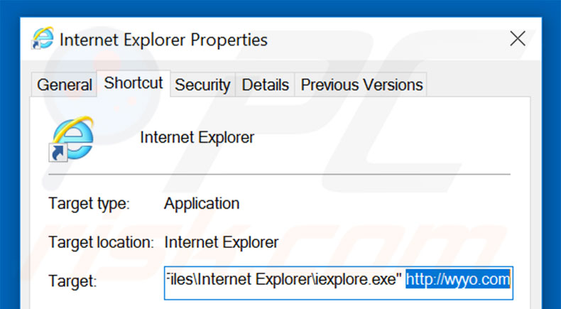 Removing wyyo.com from Internet Explorer shortcut target step 2