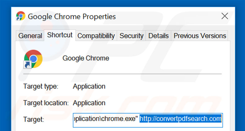 Removing convertpdfsearch.com from Google Chrome shortcut target step 2