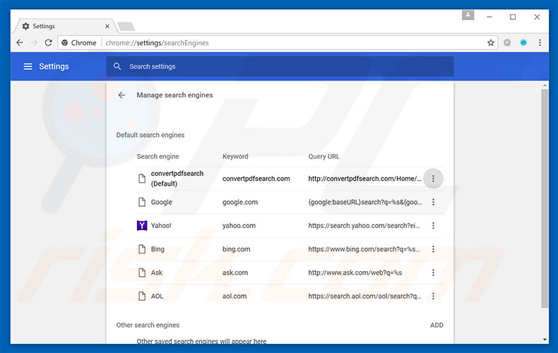 Removing convertpdfsearch.com from Google Chrome default search engine