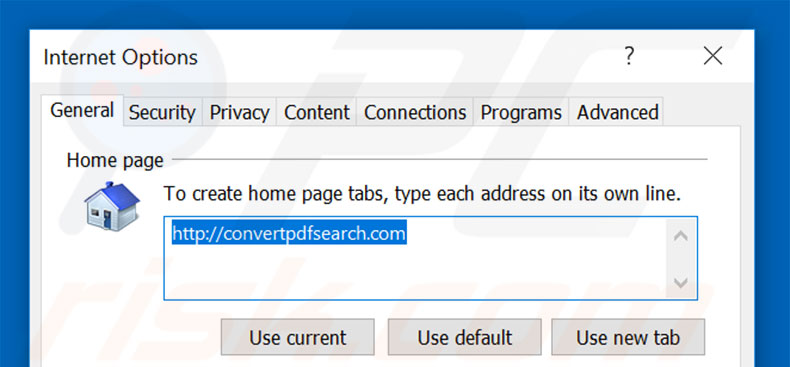 Removing convertpdfsearch.com from Internet Explorer homepage