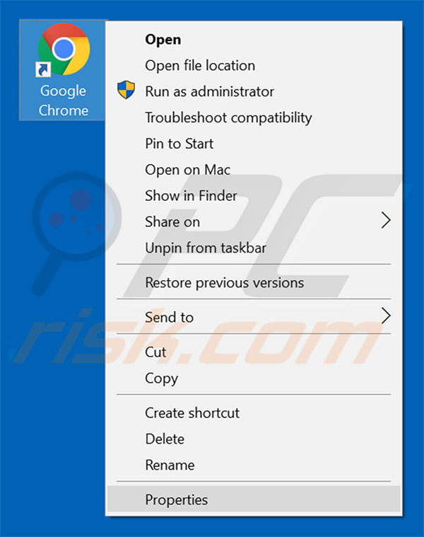 Removing isearchnow.com from Google Chrome shortcut target step 1