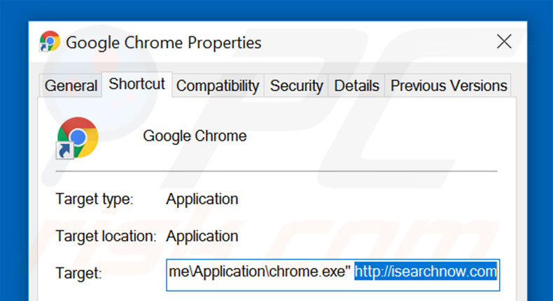 Removing isearchnow.com from Google Chrome shortcut target step 2