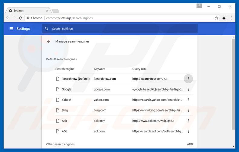 Removing isearchnow.com from Google Chrome default search engine