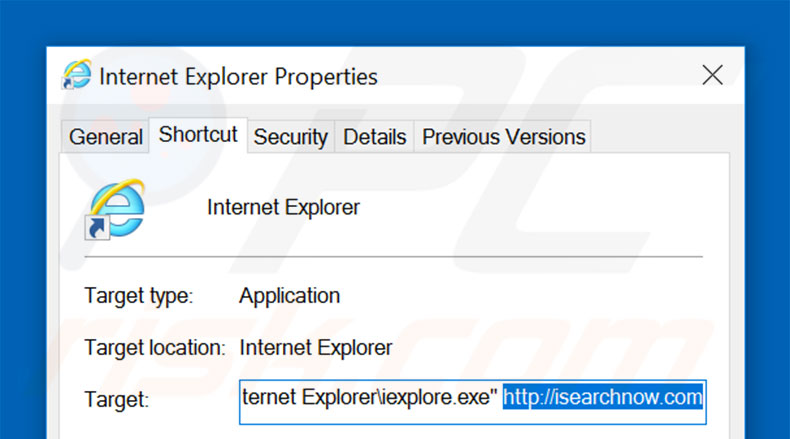 Removing isearchnow.com from Internet Explorer shortcut target step 2