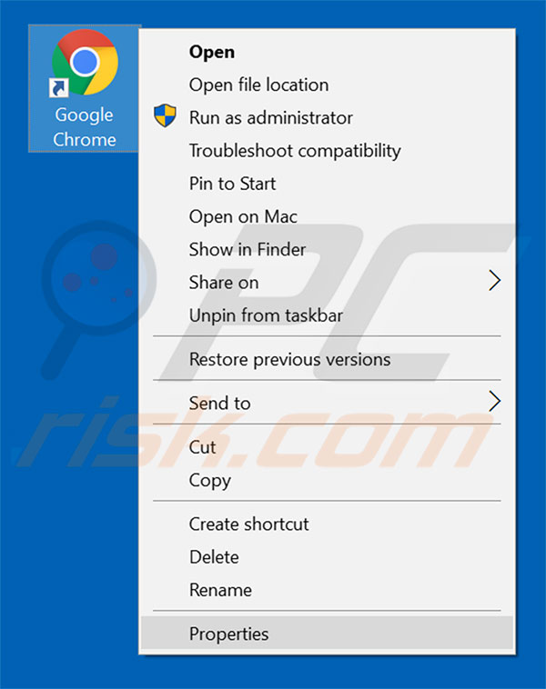 Removing pdfconvertsearch.com from Google Chrome shortcut target step 1