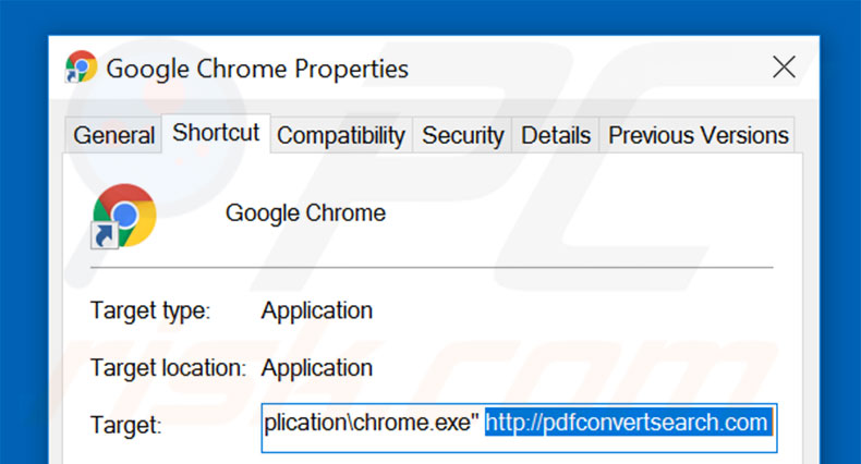 Removing pdfconvertsearch.com from Google Chrome shortcut target step 2