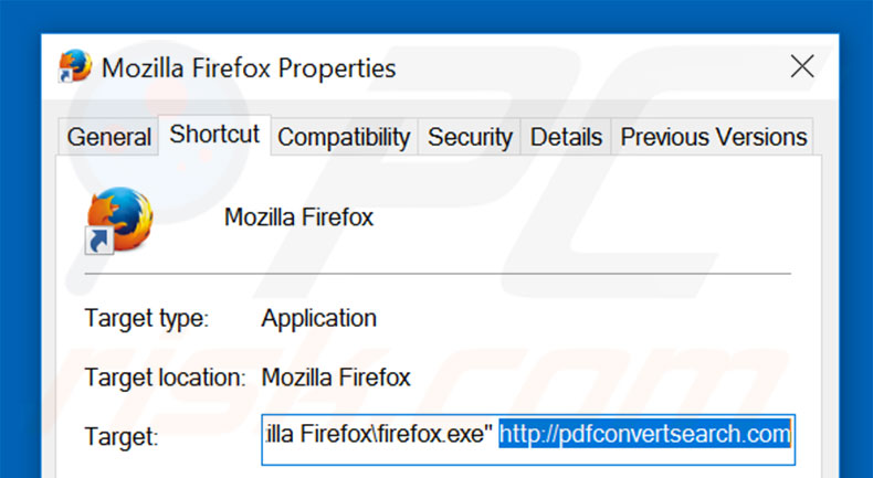 Removing pdfconvertsearch.com from Mozilla Firefox shortcut target step 2