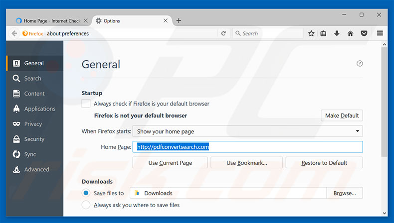 Removing pdfconvertsearch.com from Mozilla Firefox homepage