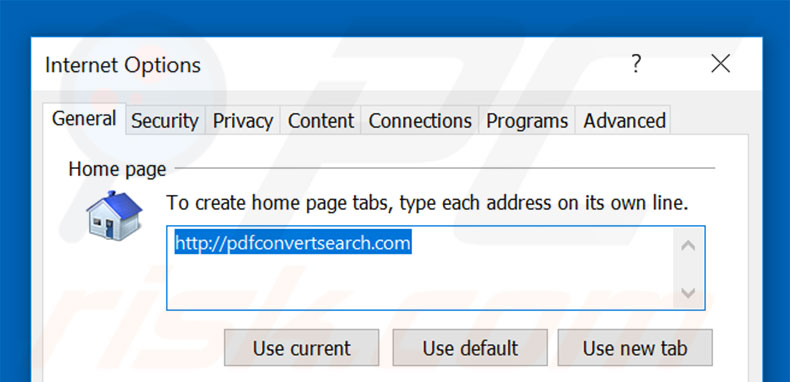 Removing pdfconvertsearch.com from Internet Explorer homepage