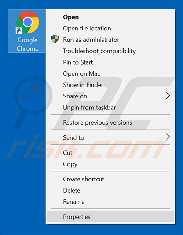 Removing zipfilesearch.com from Google Chrome shortcut target step 1