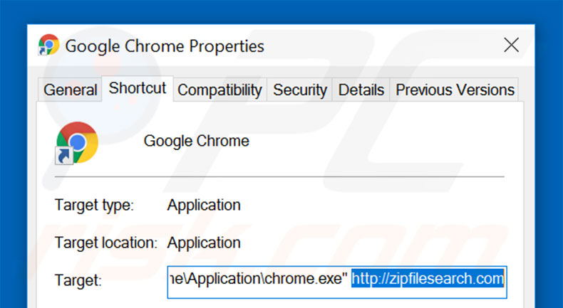 Removing zipfilesearch.com from Google Chrome shortcut target step 2