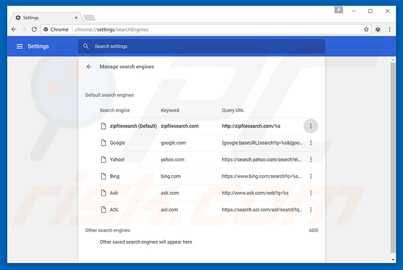 Removing zipfilesearch.com from Google Chrome default search engine