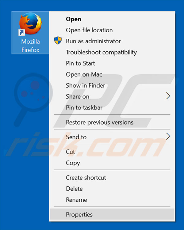 Removing zipfilesearch.com from Mozilla Firefox shortcut target step 1