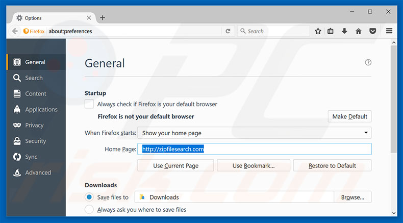 Removing zipfilesearch.com from Mozilla Firefox homepage