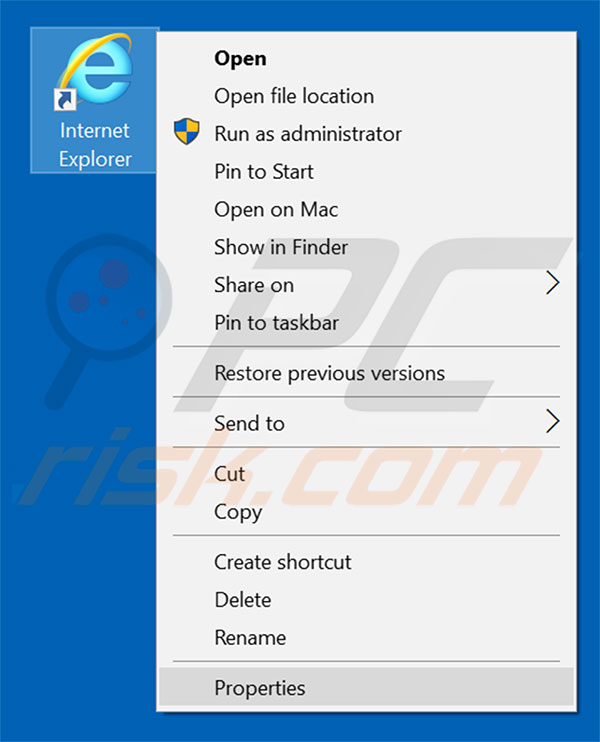 Removing zipfilesearch.com from Internet Explorer shortcut target step 1