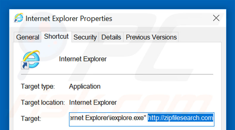 Removing zipfilesearch.com from Internet Explorer shortcut target step 2