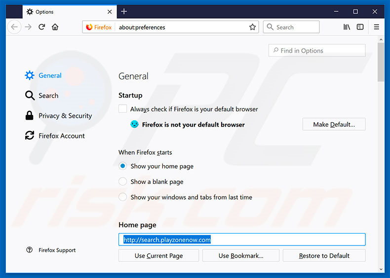 Removing search.playzonenow.com from Mozilla Firefox homepage