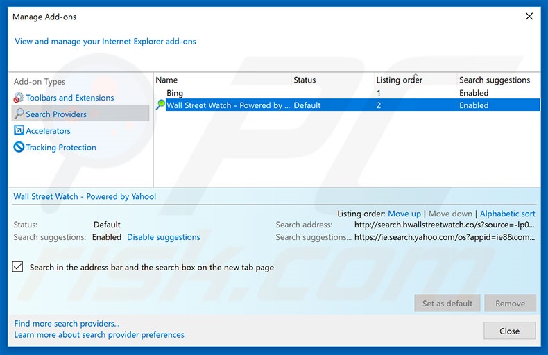 Removing search.hwallstreetwatch.co from Internet Explorer default search engine