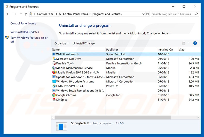 search.hwallstreetwatch.co browser hijacker uninstall via Control Panel