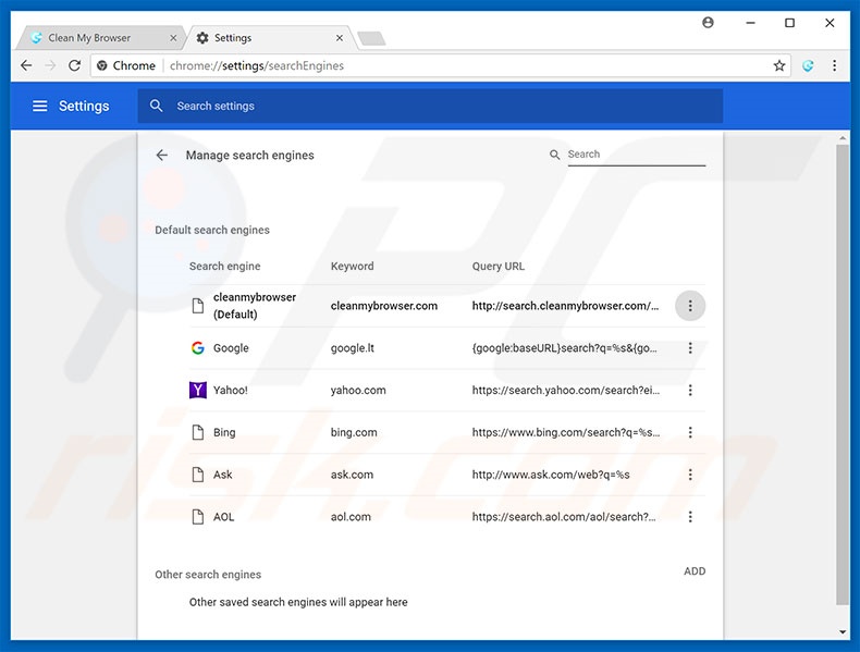 Removing search.cleanmybrowser.com from Google Chrome default search engine