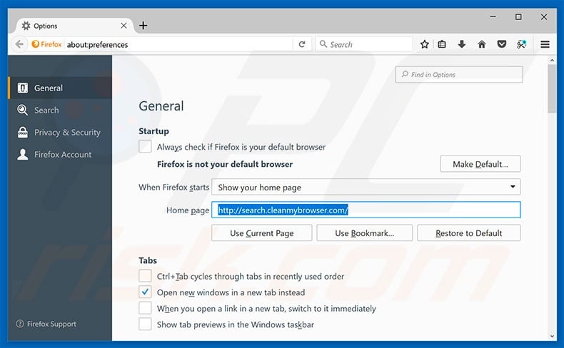 Removing search.cleanmybrowser.com from Mozilla Firefox homepage