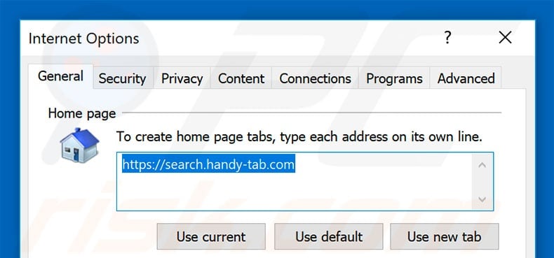 Removing search.handy-tab.com from Internet Explorer homepage