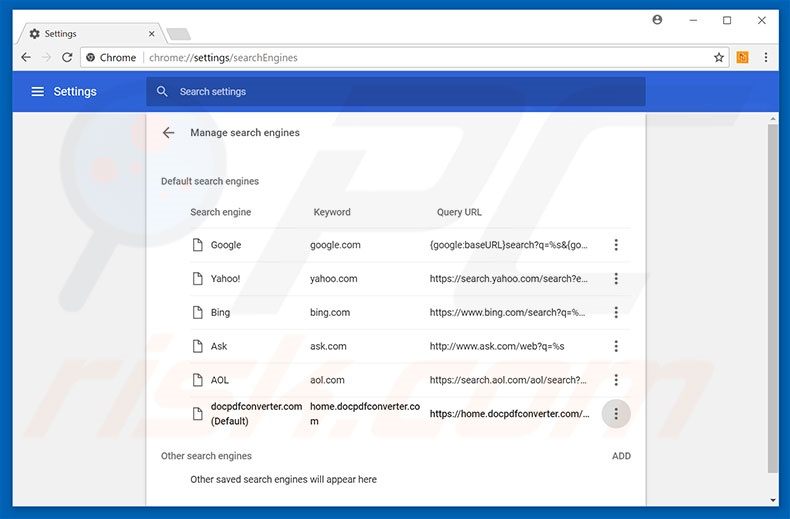 Removing home.docpdfconverter.com from Google Chrome default search engine