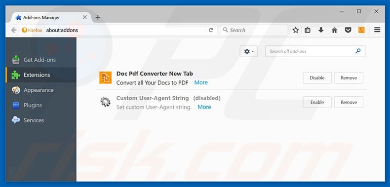 Removing home.docpdfconverter.com related Mozilla Firefox extensions