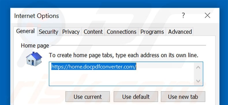 Removing home.docpdfconverter.com from Internet Explorer homepage