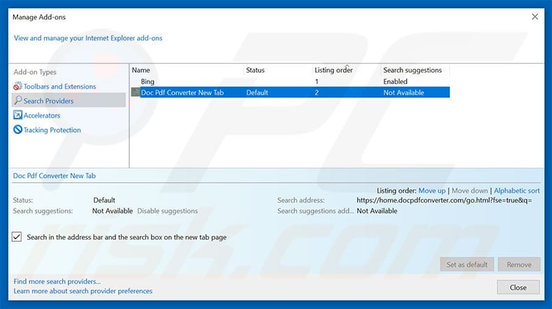 Removing home.docpdfconverter.com from Internet Explorer default search engine