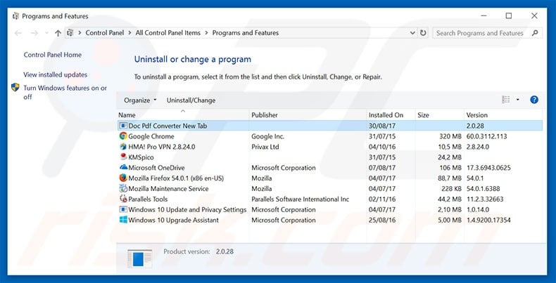home.docpdfconverter.com browser hijacker uninstall via Control Panel