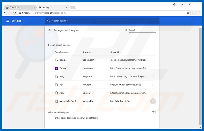 Removing playbar.biz from Google Chrome default search engine