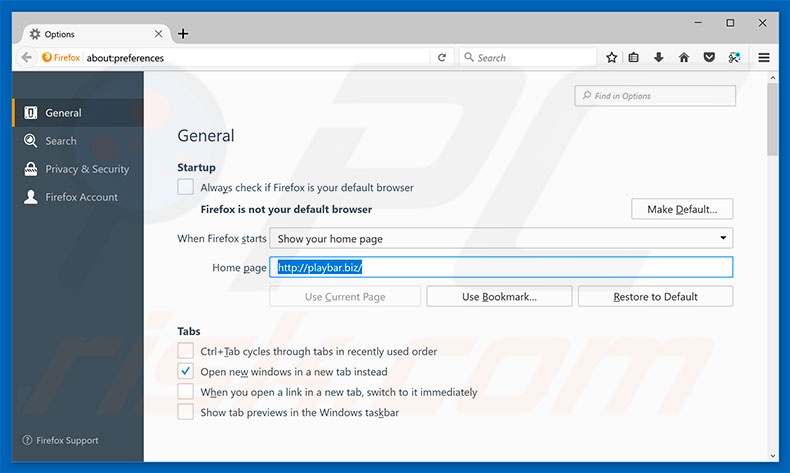 Removing playbar.biz from Mozilla Firefox homepage