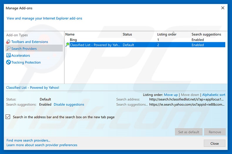 Removing search.hclassifiedlist.net from Internet Explorer default search engine