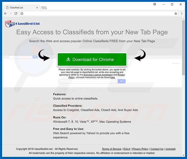 Website used to promote Classified List browser hijacker