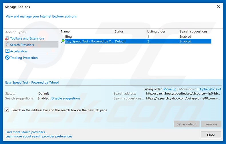 Removing search.heasyspeedtest.co from Internet Explorer default search engine