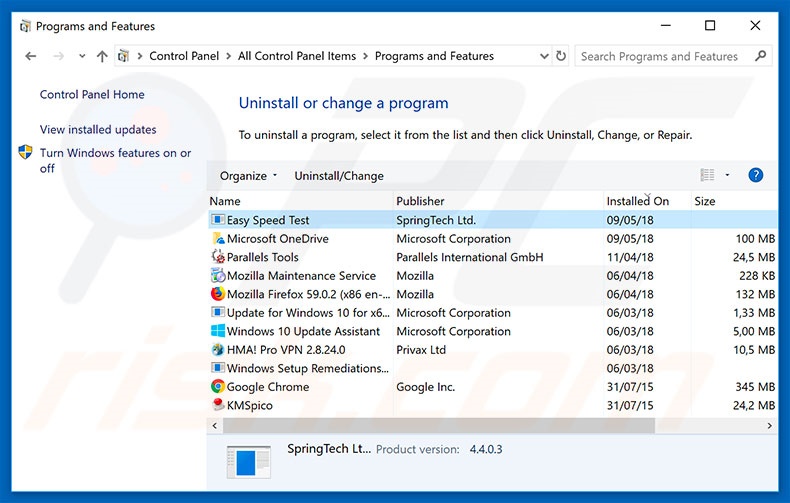 search.heasyspeedtest.co browser hijacker uninstall via Control Panel