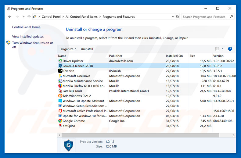 Power Cleaner 2018 adware uninstall via Control Panel