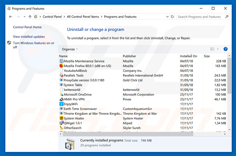 PublicHotspot adware uninstall via Control Panel