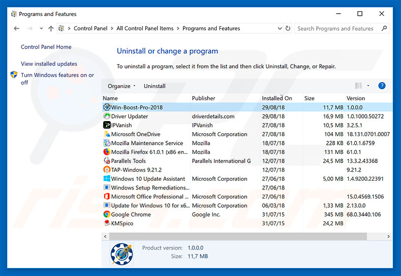 Win Boost Pro 2018 adware uninstall via Control Panel