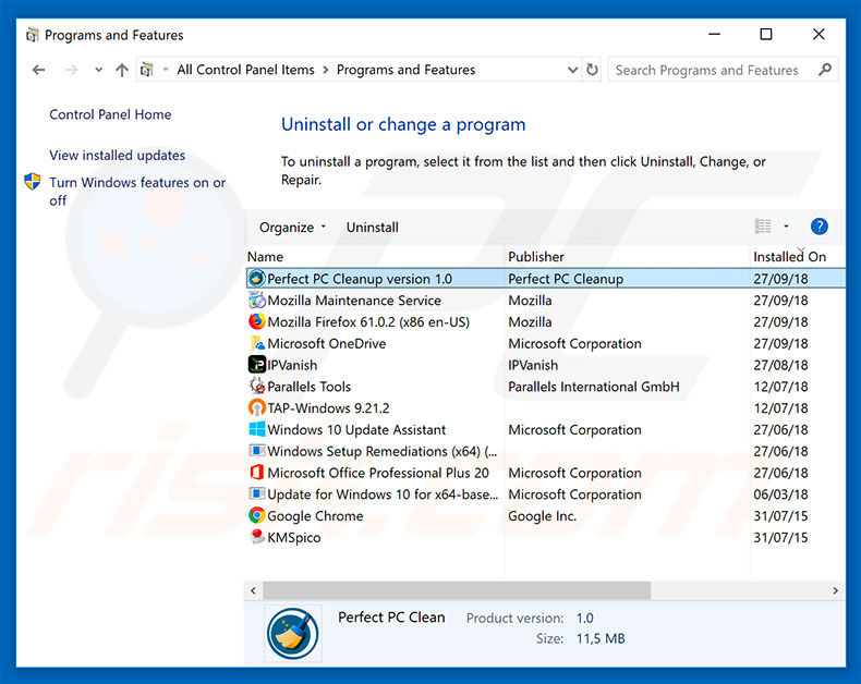 Perfect PC Cleanup adware uninstall via Control Panel