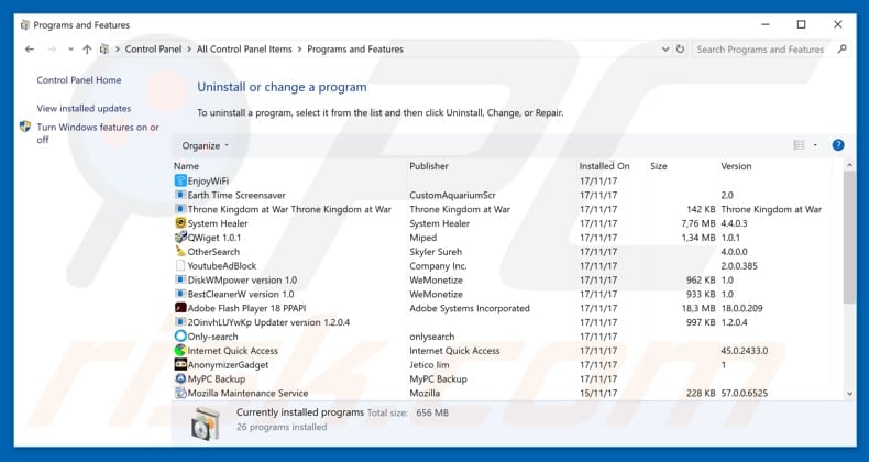 TV Chrome adware uninstall via Control Panel