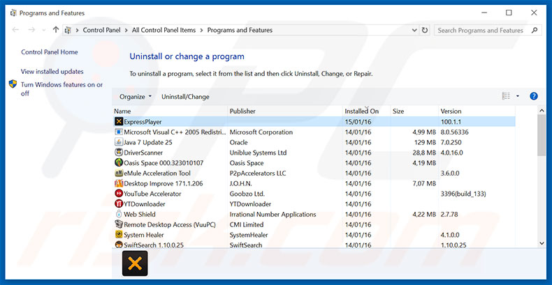 Express Player adware uninstall via Control Panel