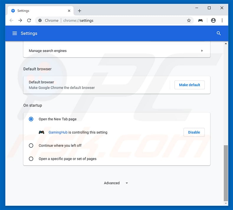 Removing gaminghub.online from Google Chrome homepage