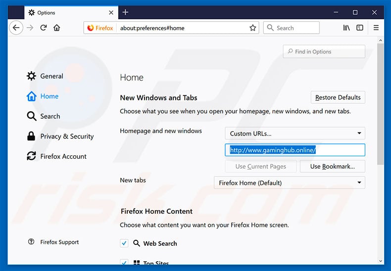 Removing gaminghub.online from Mozilla Firefox homepage