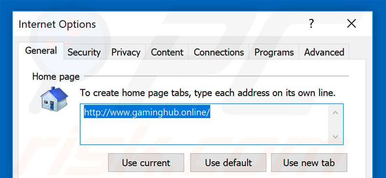 Removing gaminghub.online from Internet Explorer homepage